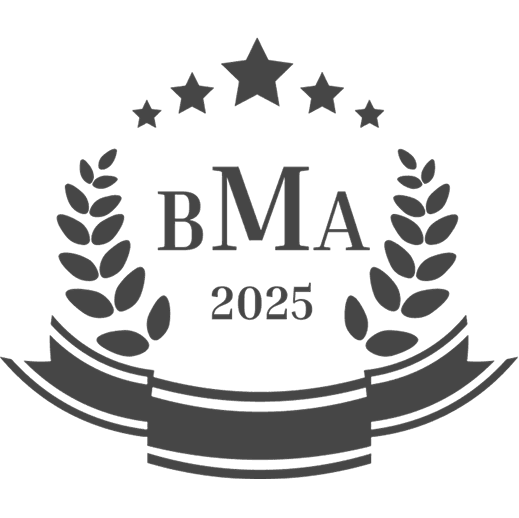 A grayscale award badge with a laurel wreath, stars, and the text 'BMA 2025', suitable for a top mobile app development recognition.